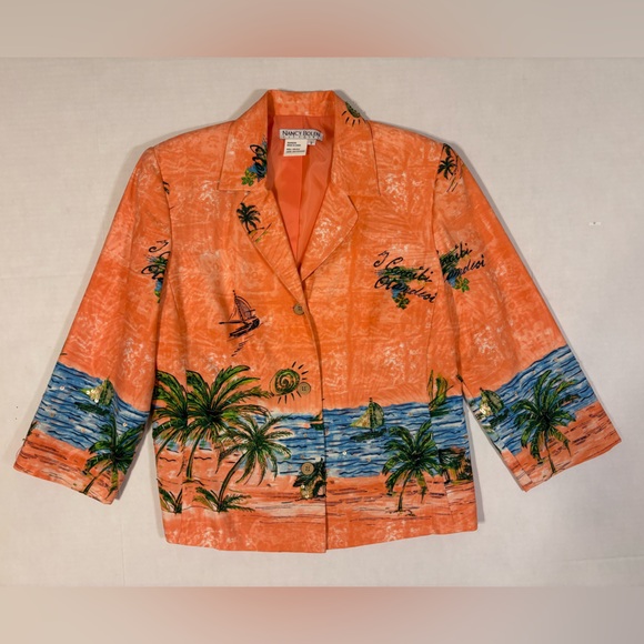 Vintage Nancy Bolen City Girl orange 100% silk blazer jacket tropical print S - Picture 10 of 10